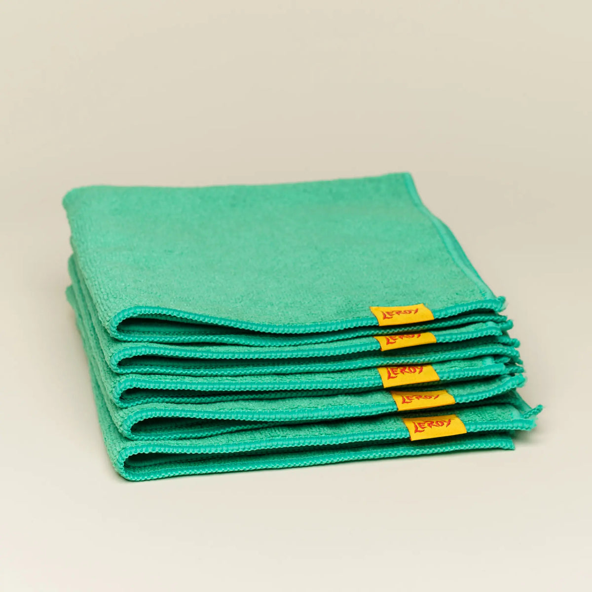 LeRoy green microfiber detailing cloths, stacked five, with woven label, car care and interior use, L'officina di LeRoy