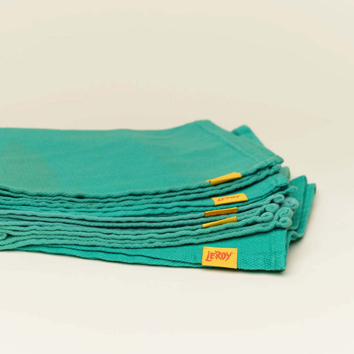Reclaimed green huck shop towels with LeRoy woven label, garage and detailing use, L'officina di LeRoy