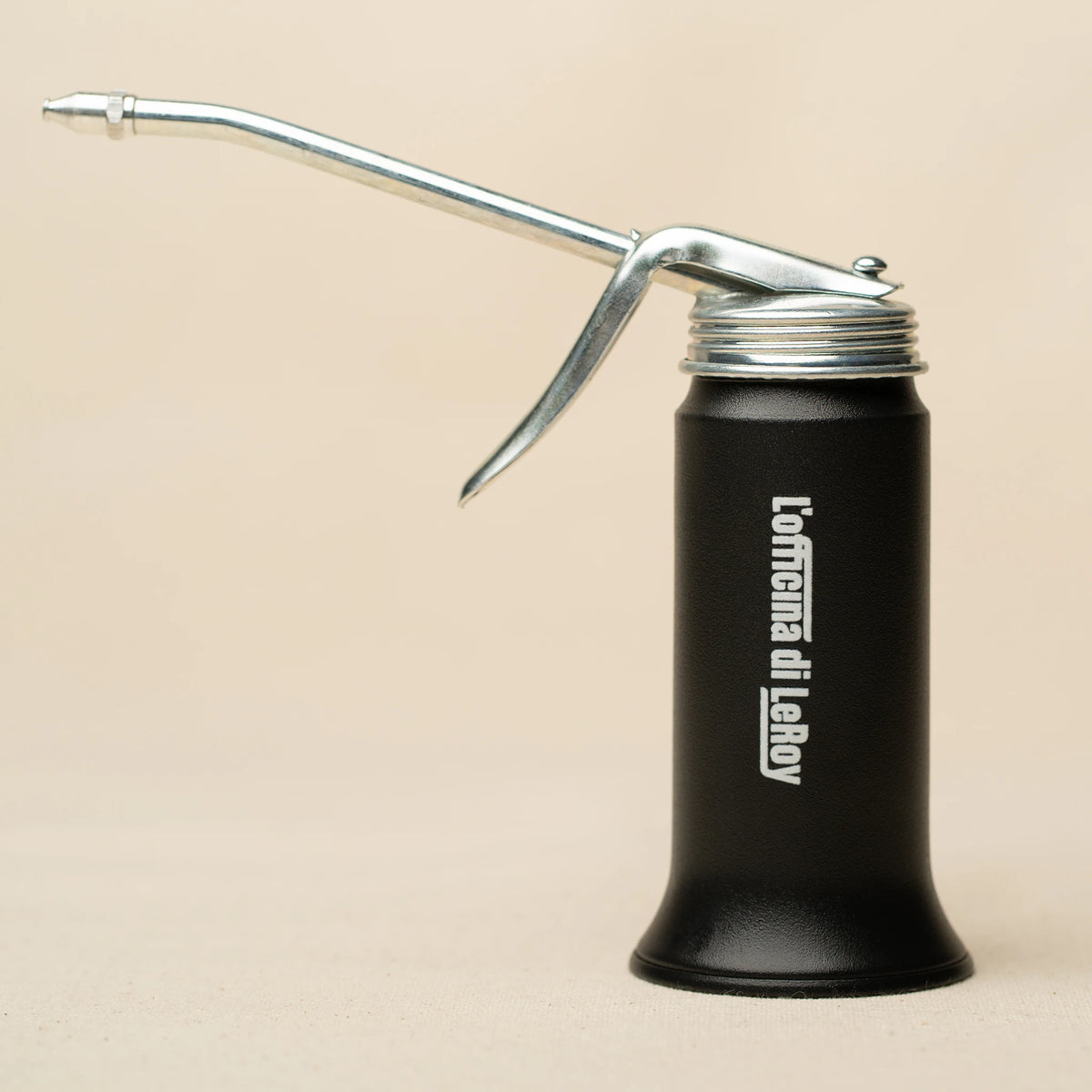 L'officina x Goldenrod mini oil can in black with silver flex nozzle, shop maintenance tool