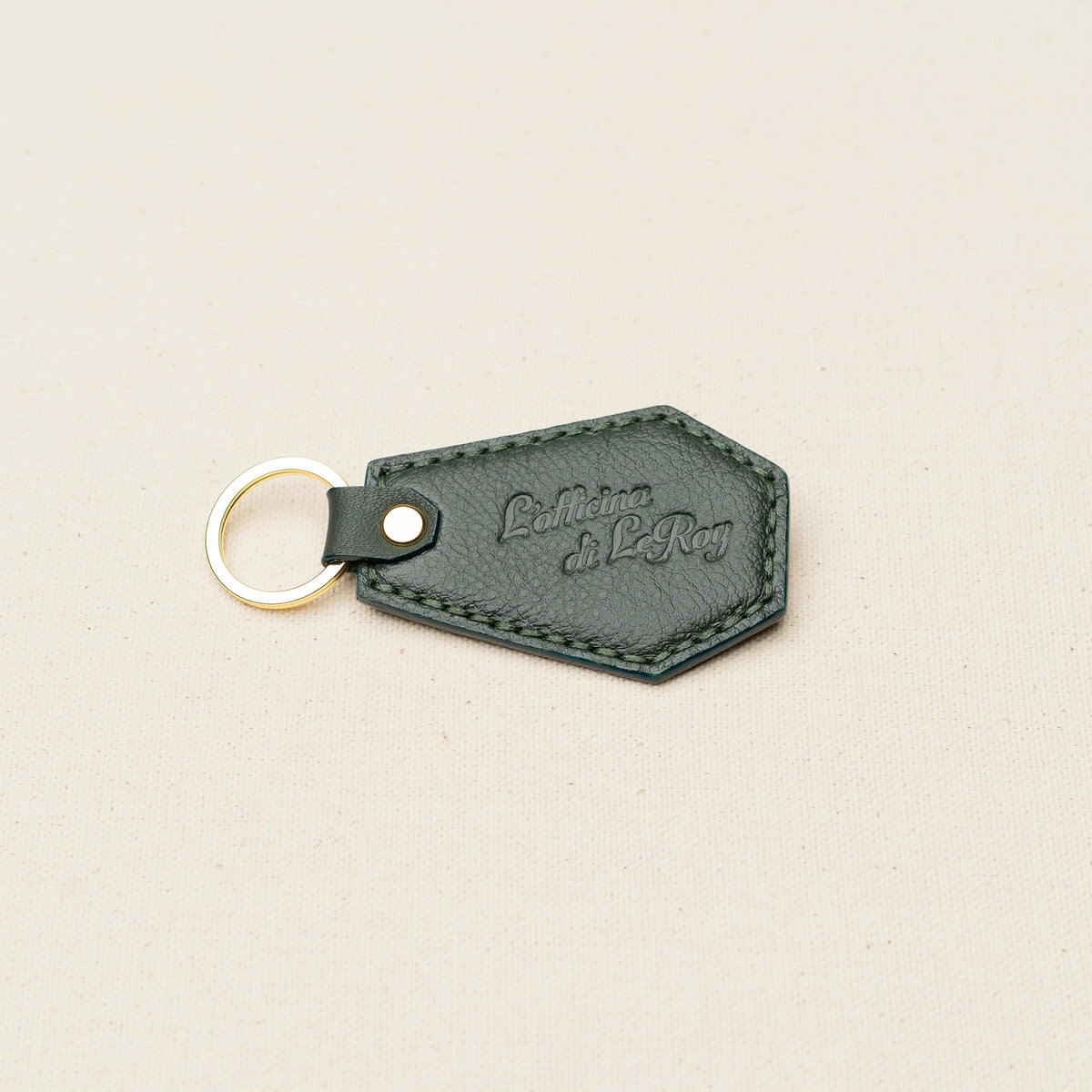 Coffin Key Fob in forest green leather with brass ring, L'officina di LeRoy, made in LA