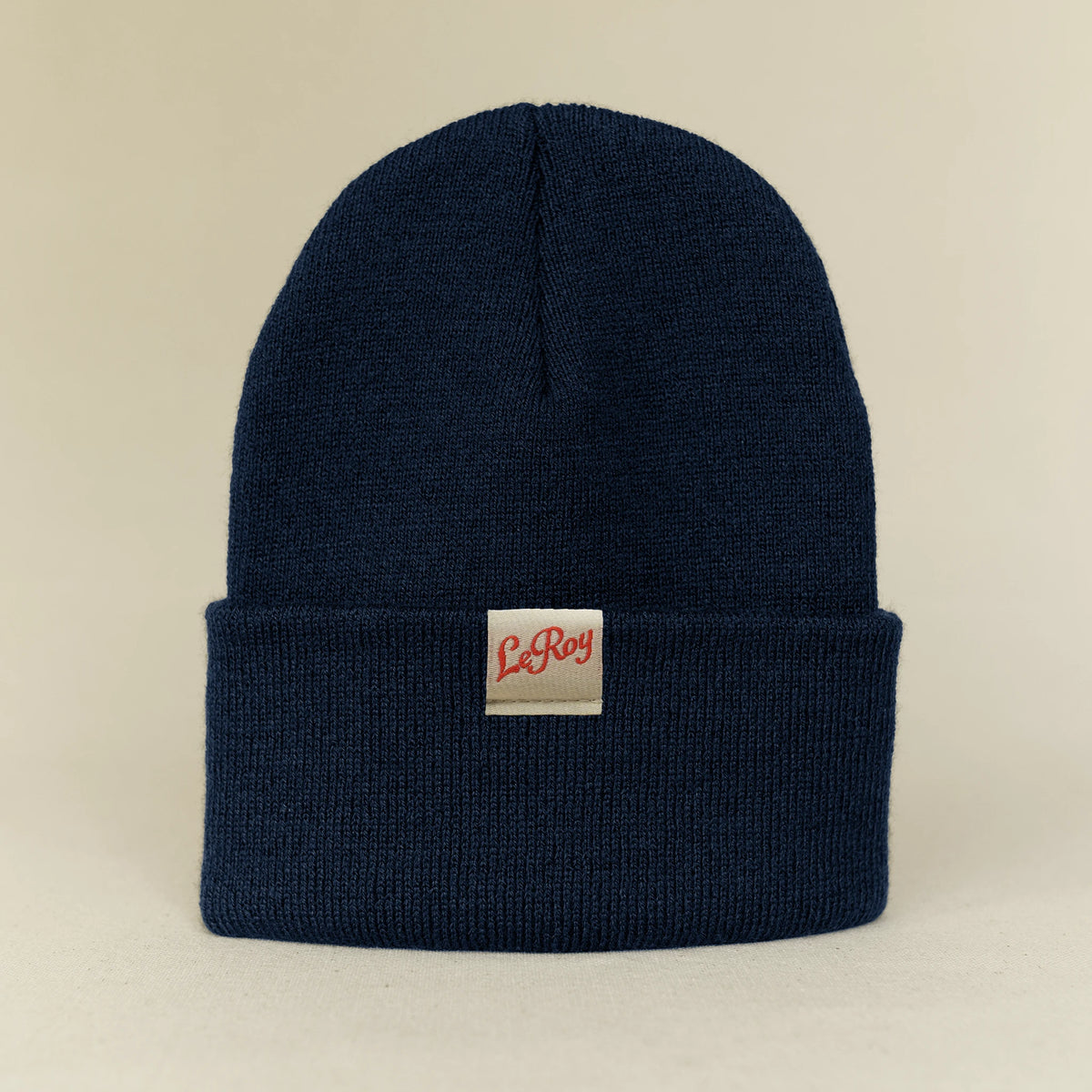 LeRoy cuff beanie in dark navy with woven LeRoy label in red, L'officina di LeRoy