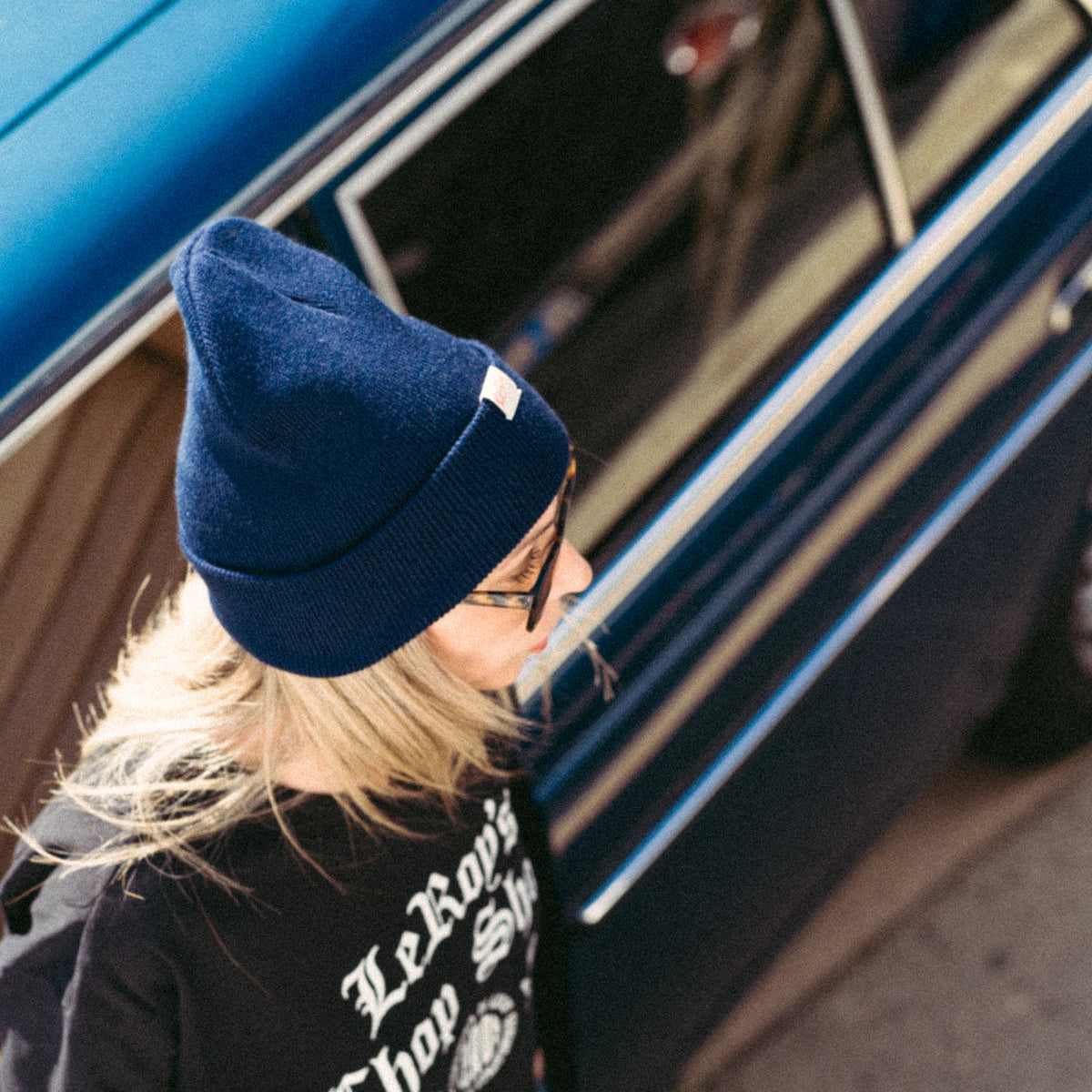 LeRoy dark navy beanie worn, showing fit and cuff
