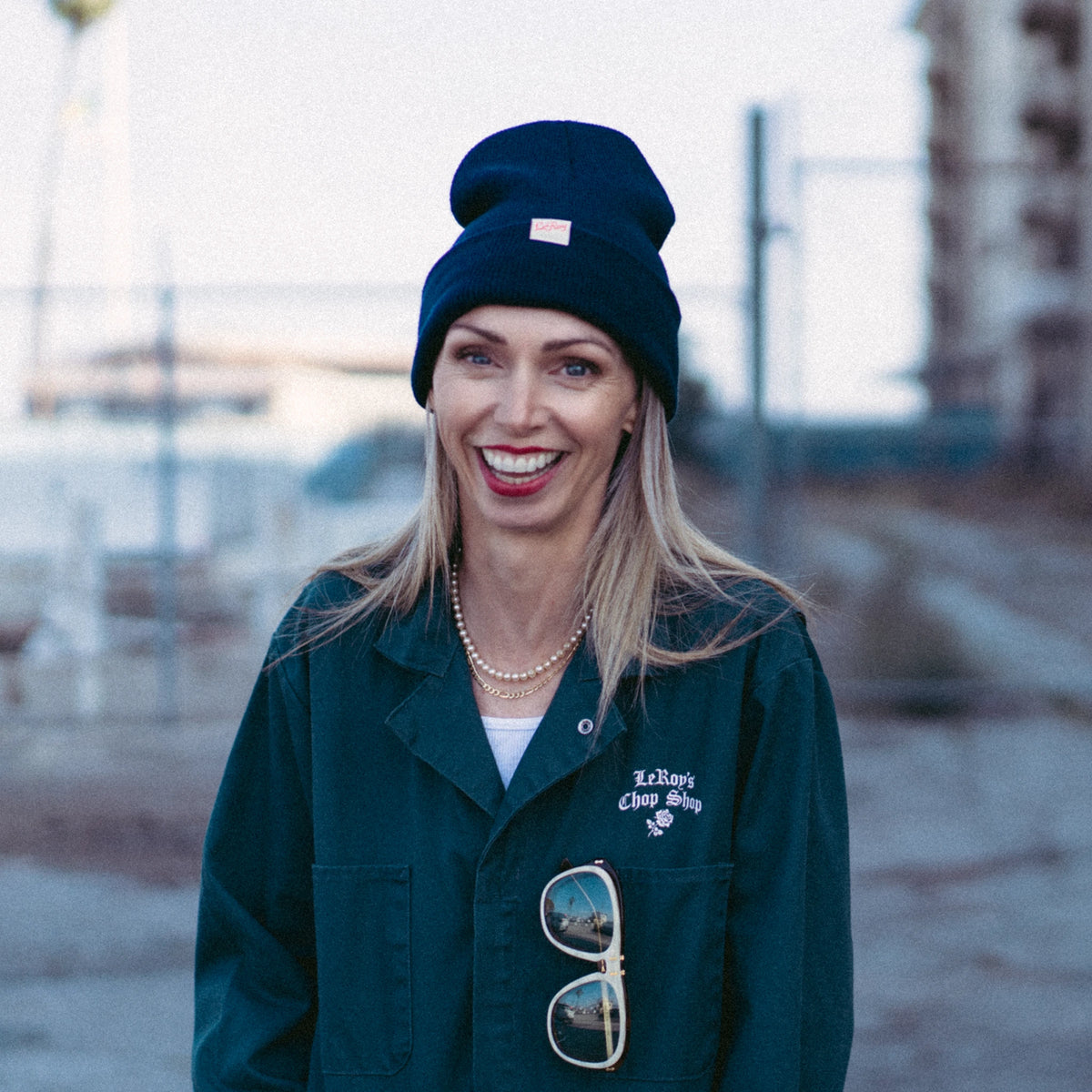 LeRoy beanie worn with coveralls, lifestyle shot