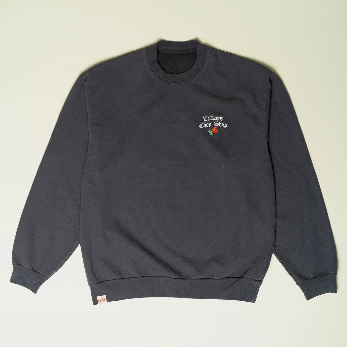 LeRoy's Chop Shop crewneck sweatshirt in dark gray with embroidered rose logo and woven label, L'officina di LeRoy