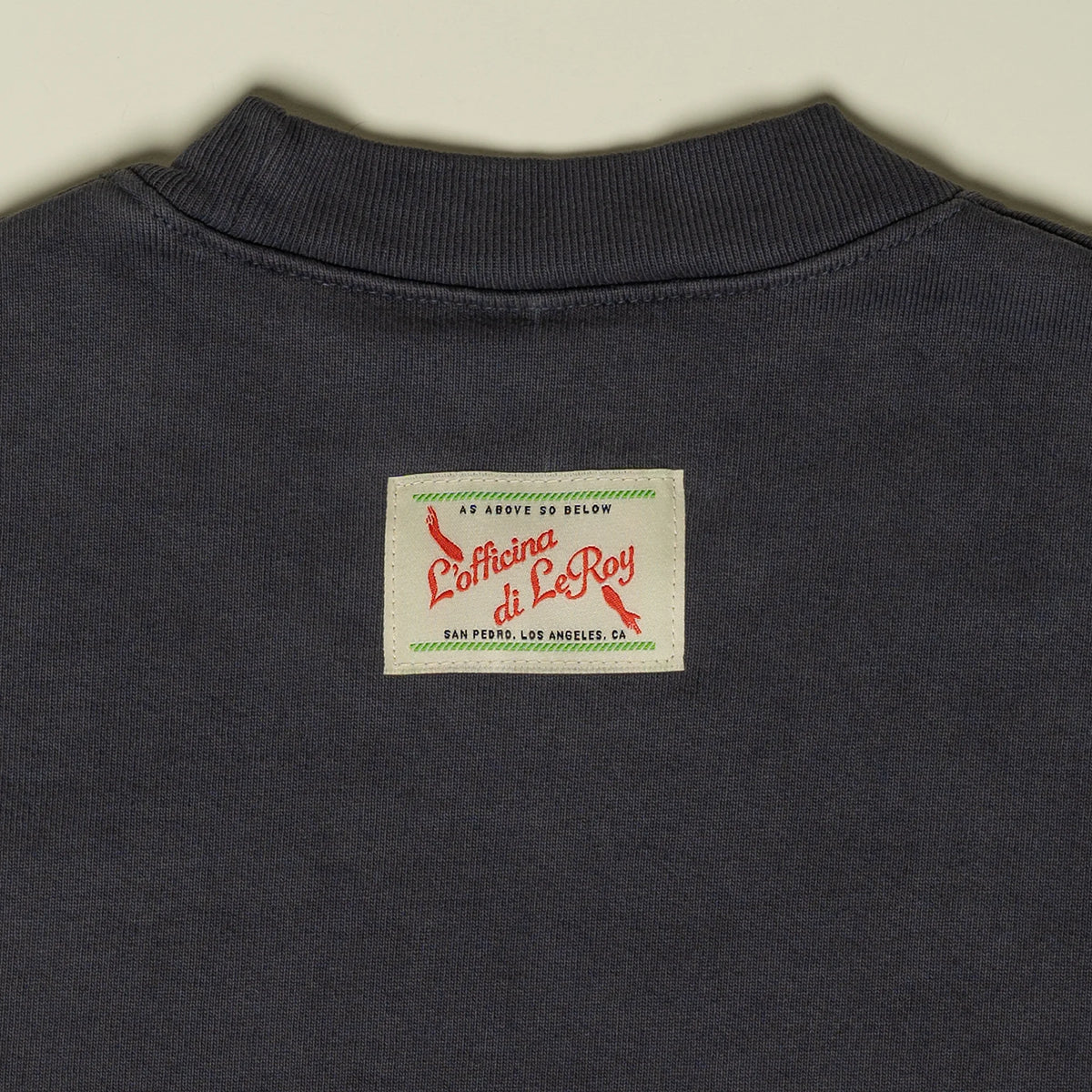 LeRoy's Chop Shop crewneck collar and neckline detail
