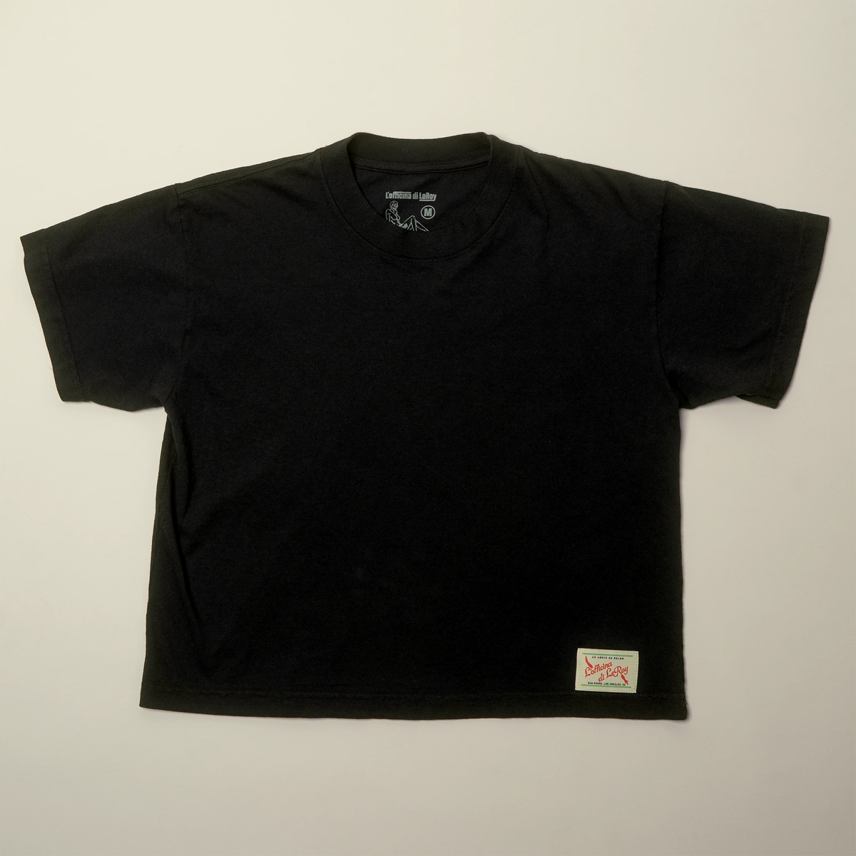 Ecru Label Wide Crop Tee in black, heavyweight cotton, woven label at hem, L'officina di LeRoy
