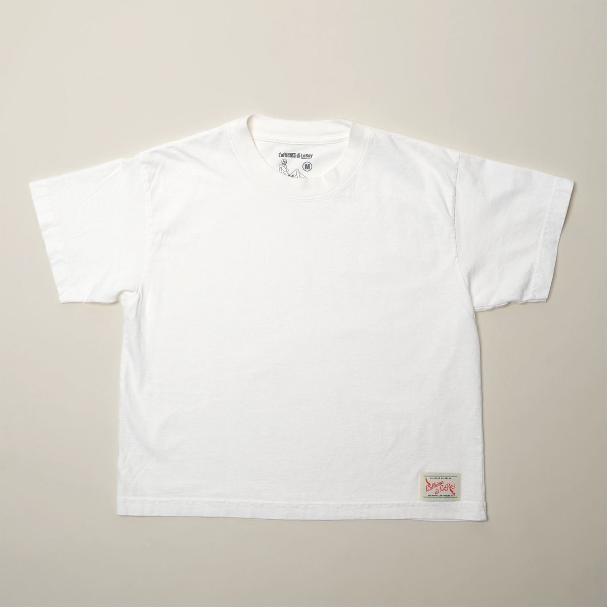 Ecru Label Wide Crop Tee in white, heavyweight cotton, woven label at hem, L'officina di LeRoy