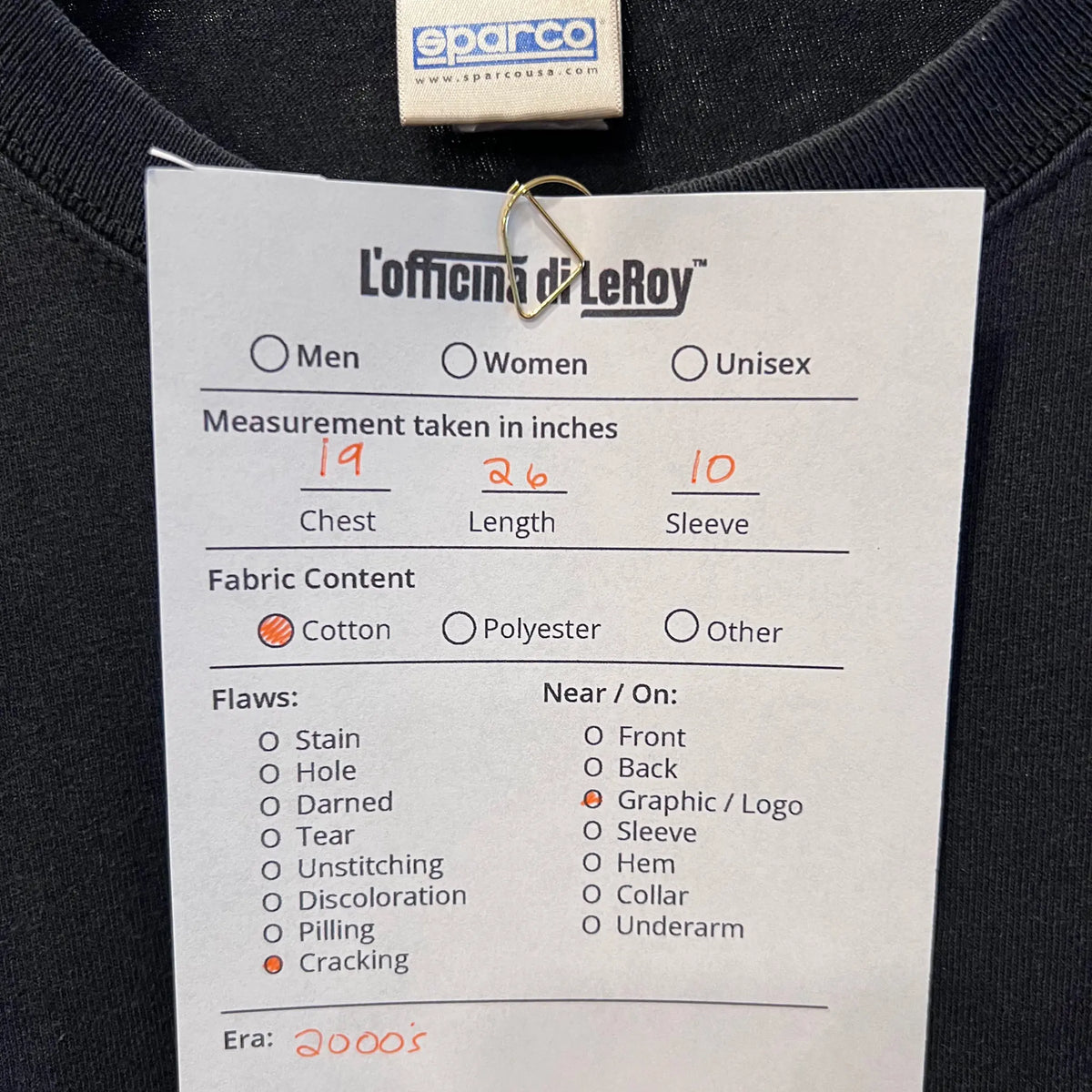 Vintage Sparco tee sleeve logo tag close-up