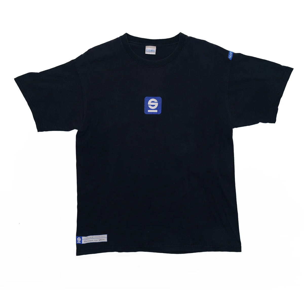 Vintage Sparco tee in black with blue square chest logo and logo tags on sleeve and hem, medium