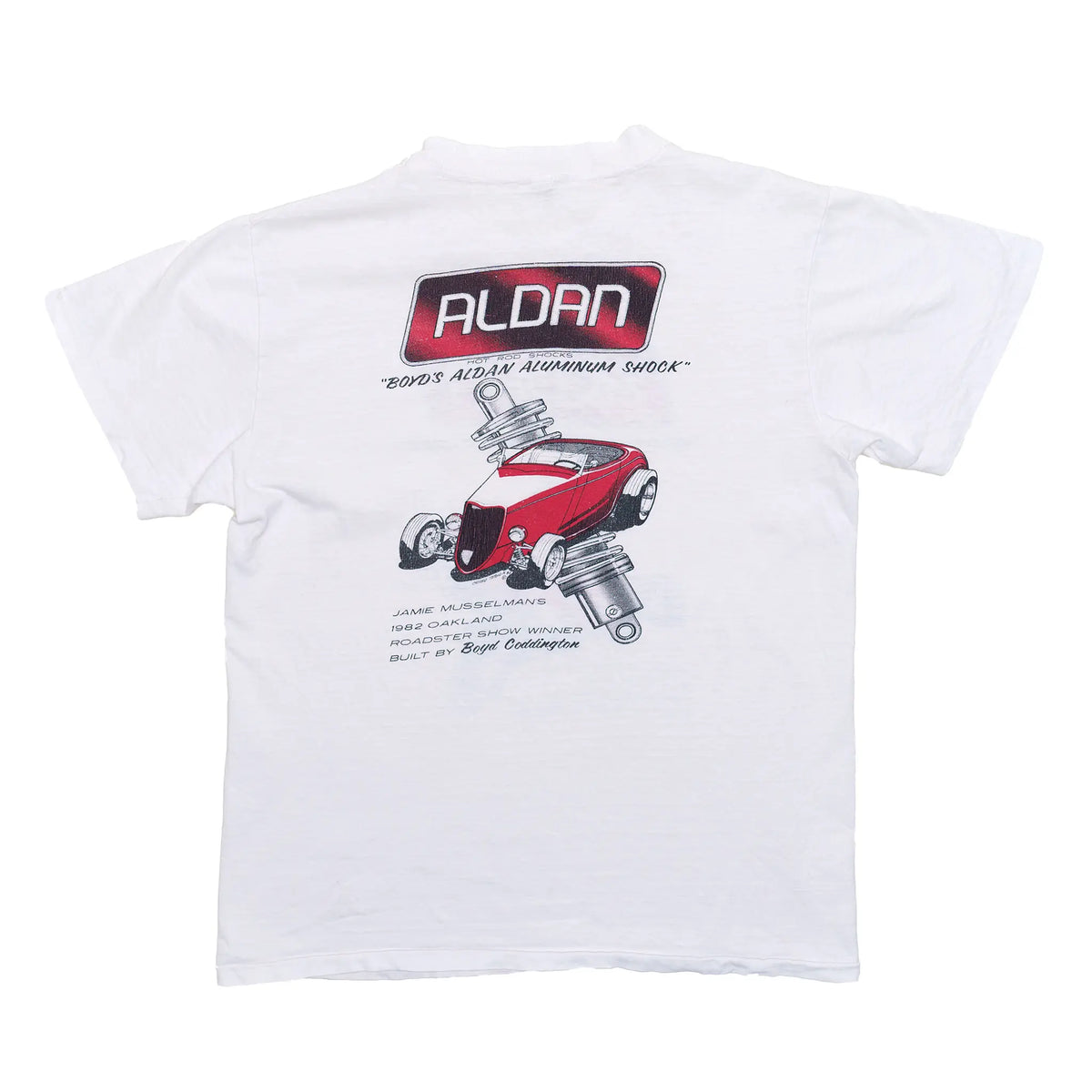 Vintage 1980s Aldan Shocks tee in white with Boyd Coddington hot rod and shock absorber graphic, Oakland Roadster Show 1982, medium
