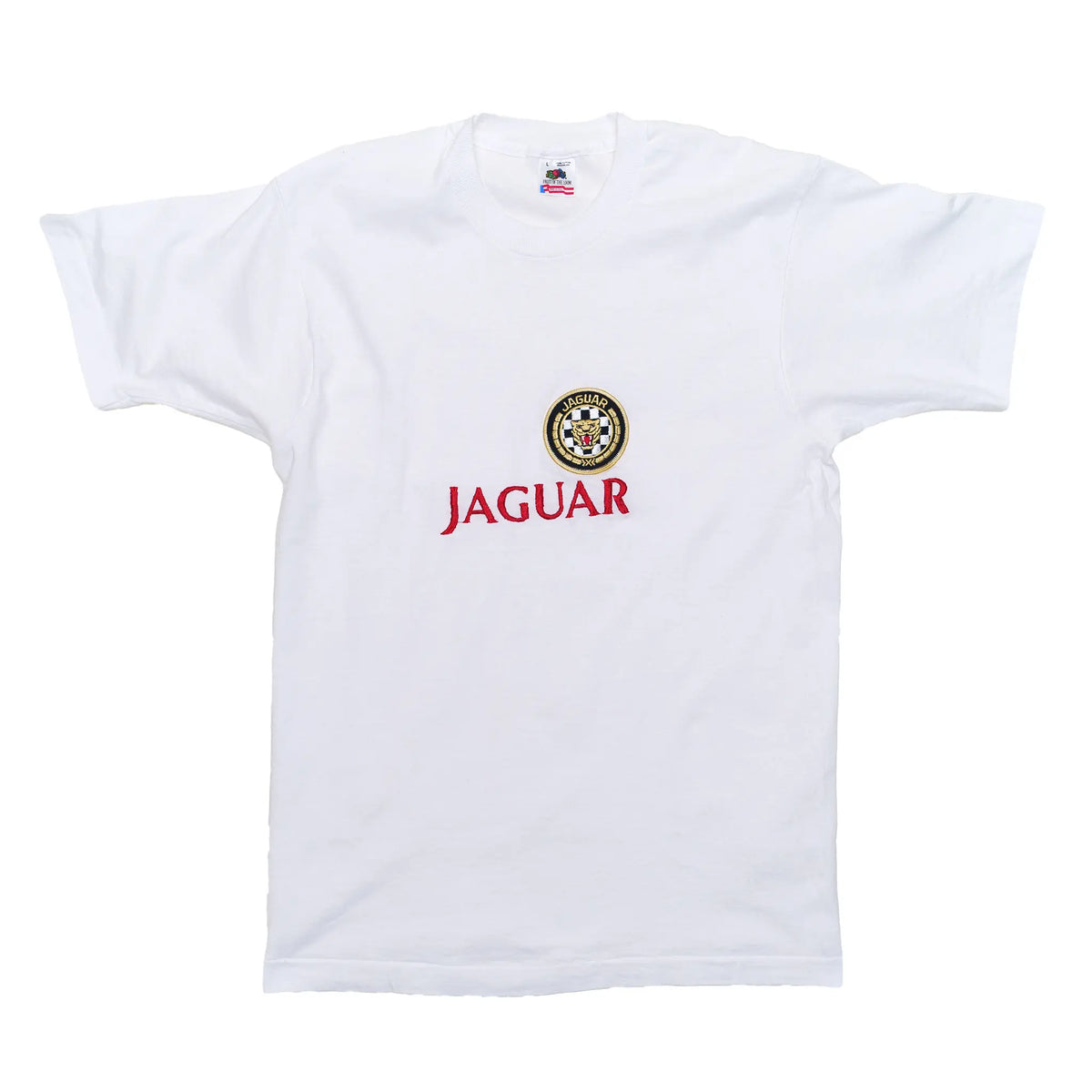 Vintage Jaguar embroidered tee in white with embroidered Jaguar patch and red logo text, large