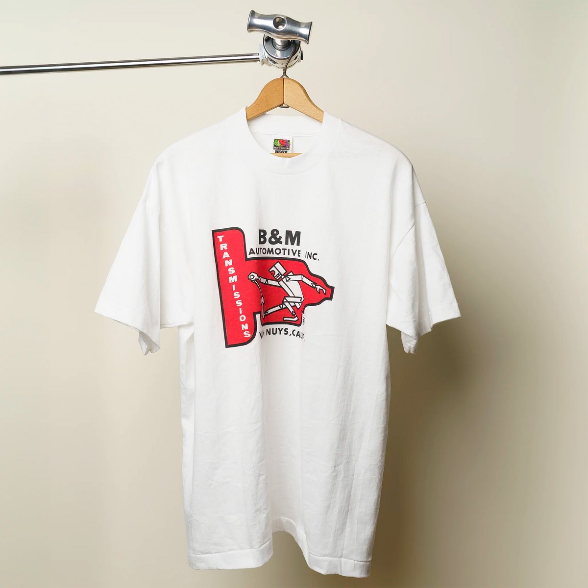 Vintage 1990s B&M Automotive Transmissions tee in white with red and black robot graphic, Van Nuys CA, XL