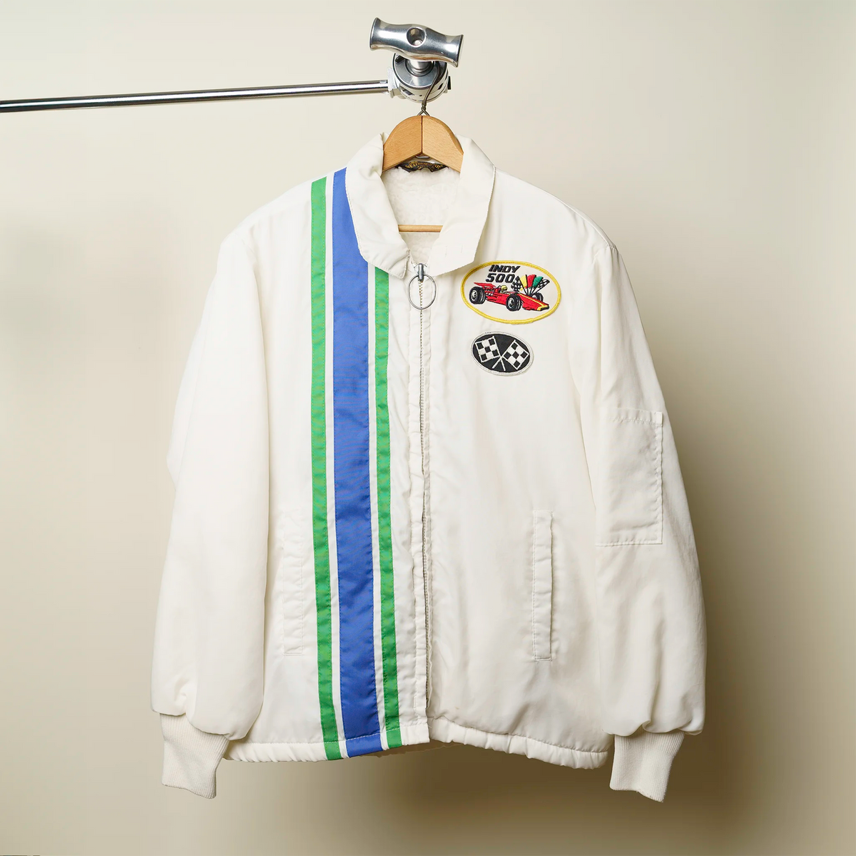 Vintage Weathercaster Indy 500 fleece-lined jacket in white with blue and green stripe and patches, medium
