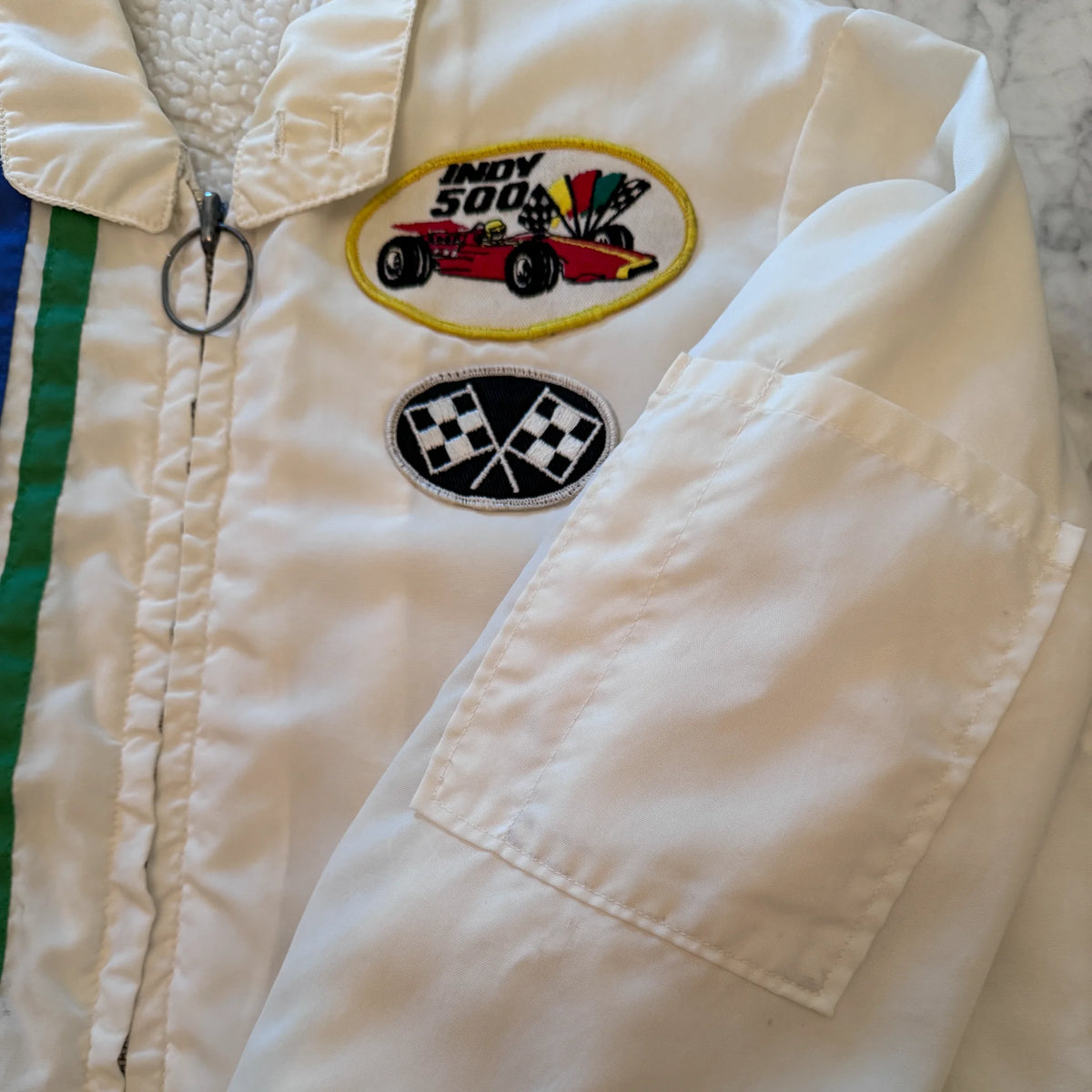 Vintage Indy 500 jacket three-quarter view showing silhouette