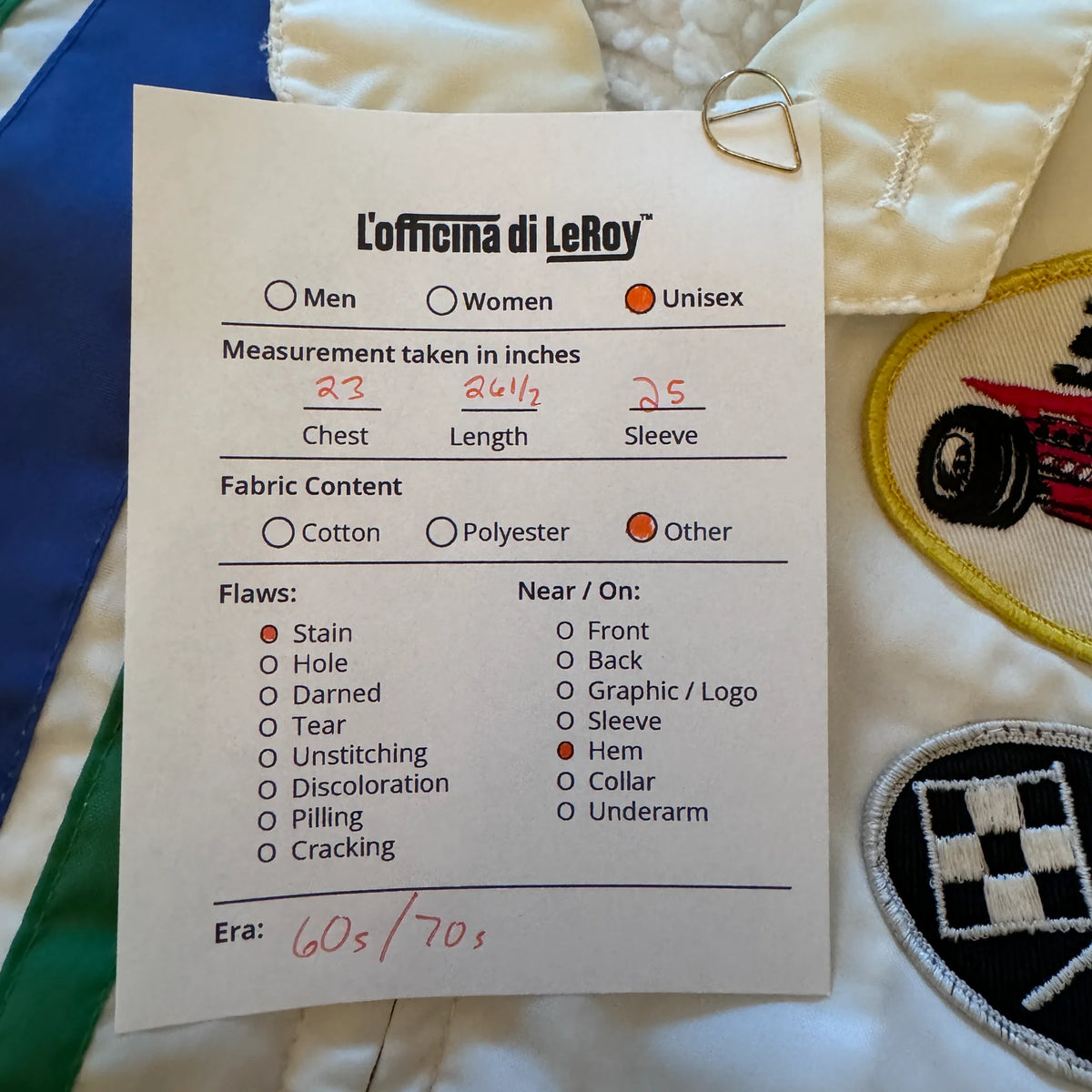 Vintage Indy 500 jacket tag and label close-up