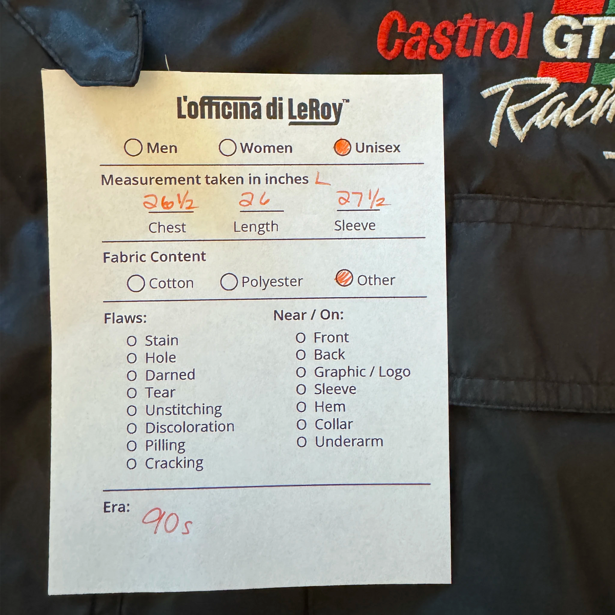Vintage Castrol GTX jacket laid flat showing back
