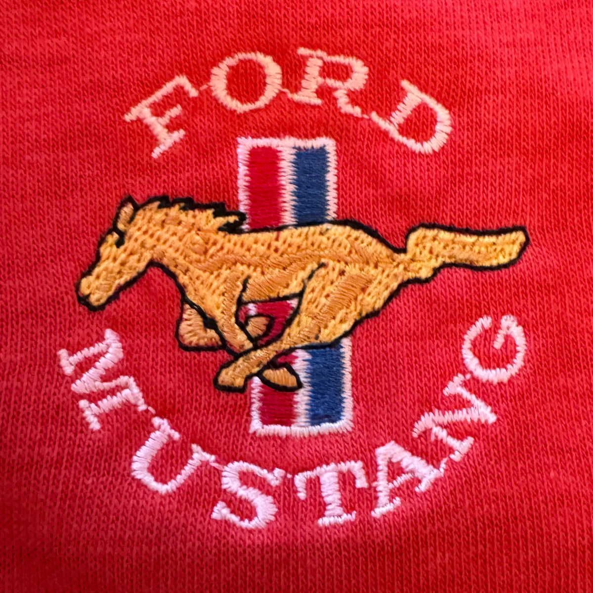 Vintage Ford Mustang polo back view showing fit and fabric