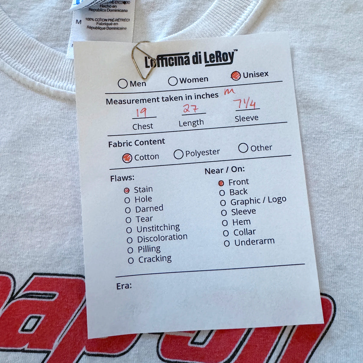 Vintage Snap-on tee interior tag and label detail