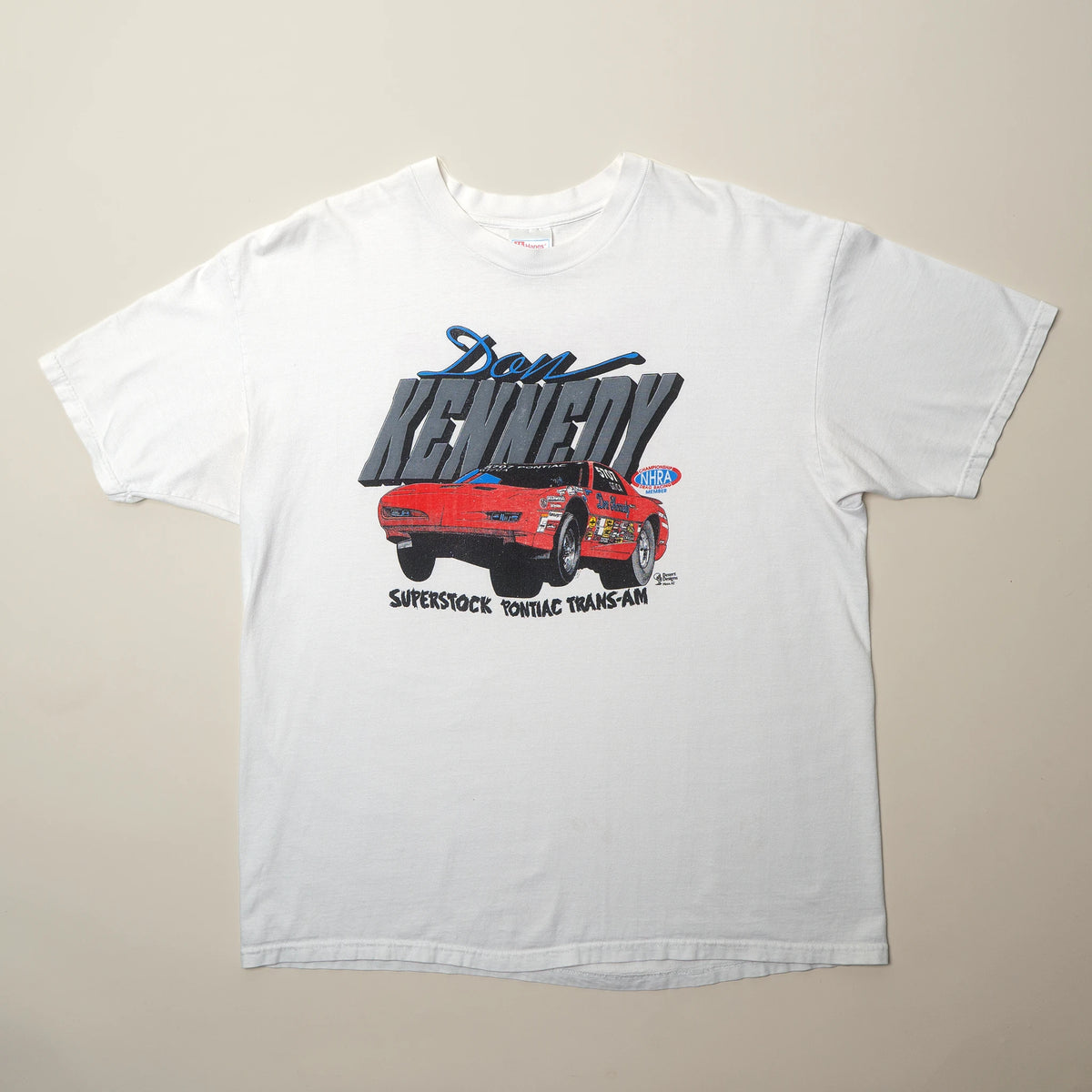 Vintage NHRA Don Kennedy Superstock Pontiac Trans-Am tee in white with red race car graphic, XL