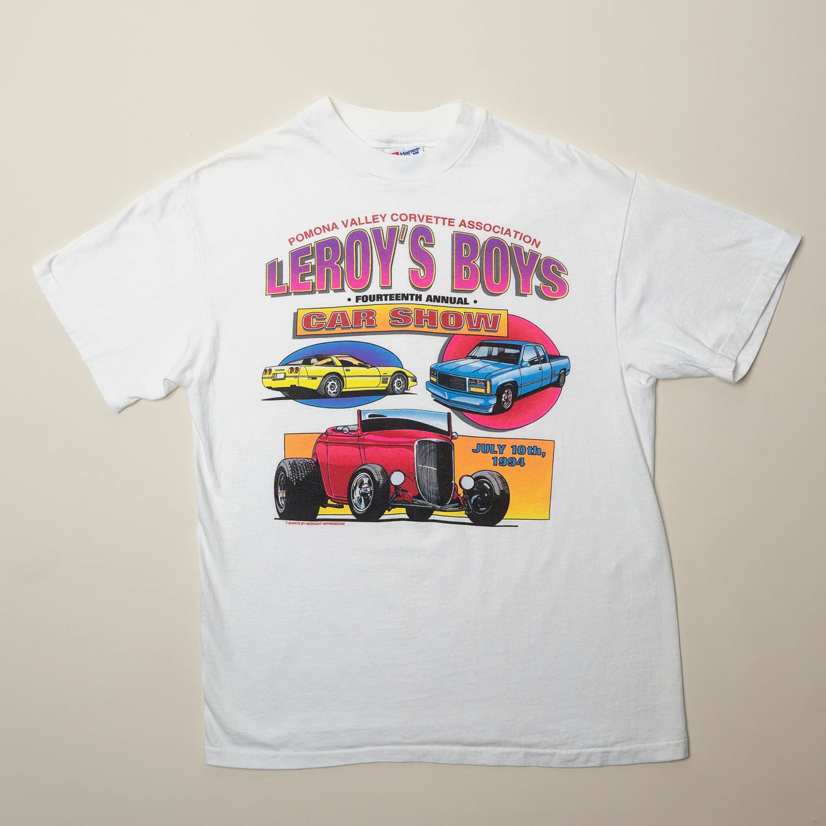 Vintage 1994 Pomona Valley Corvette Association Car Show tee in white, graphic print with three classic cars, medium