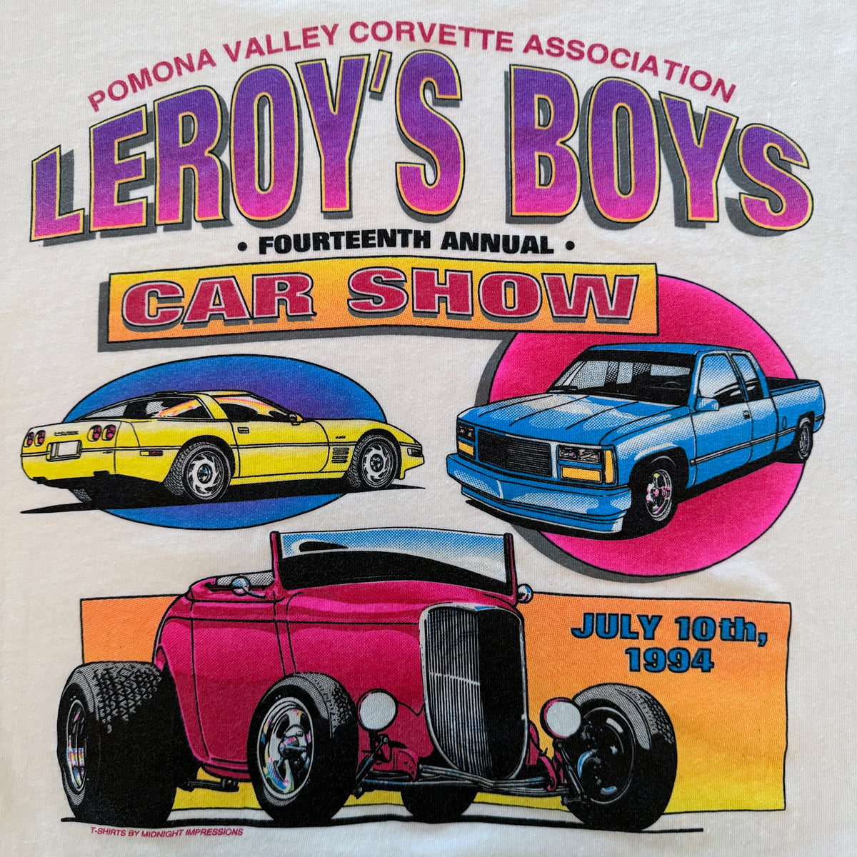 Vintage Leroys Boys tee front graphic close-up showing car illustration and event details