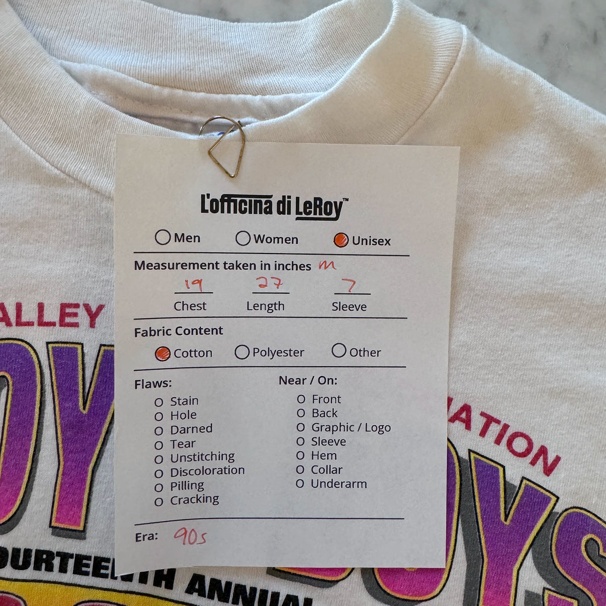 Vintage Leroys Boys tee close-up of inside neck tag