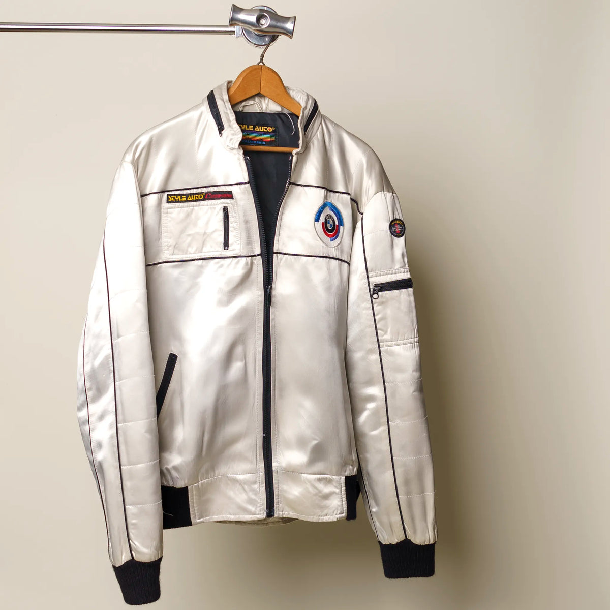 Vintage BMW Style Auto satin jacket in white with black stripe and chest patch, medium