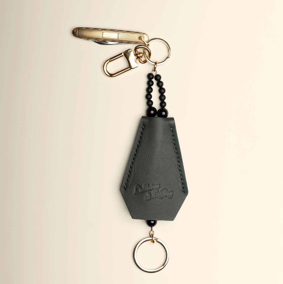 Key Coffin leather key fob in forest green with brass ring, L'officina di LeRoy, made in LA