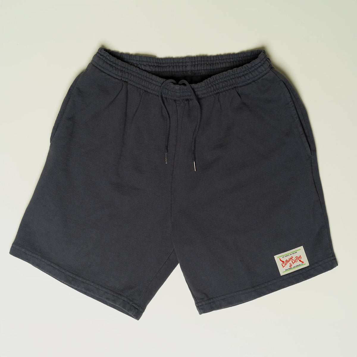 LeRoy's Chop Shop heavyweight fleece shorts in dark gray with drawstring and woven label, L'officina di LeRoy