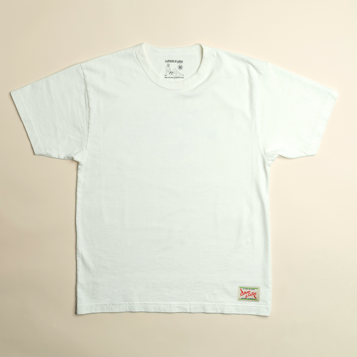 Ecru Label heavyweight tee in white with woven LeRoy label at hem, L'officina di LeRoy