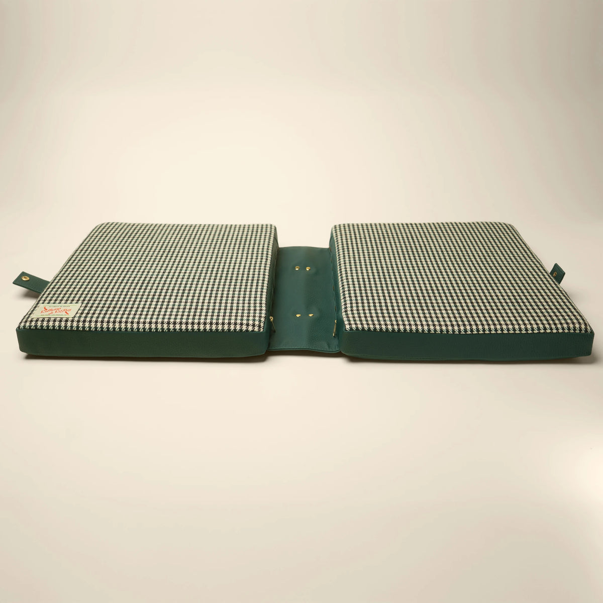 Pepita tailgate cushion in forest green houndstooth, L'officina di LeRoy, made in LA